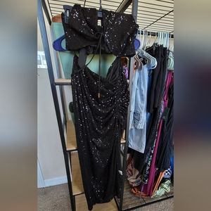 SHEIN SXY Crisscross Self-Tie Halter Crop Top & High-Slit Sequin Skirt Set